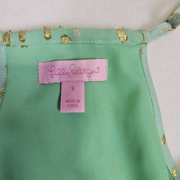 Lilly Pulitzer Dusk Silk Slip Dress Women Mint Gold Metallic Tropical Vacation S - Picture 12 of 16